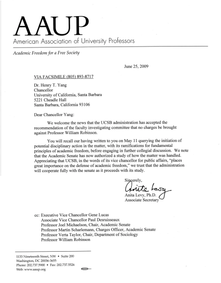 AAUP Letter to UCSB Chancellor Yang  - June 25 2009